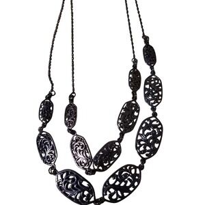 Two Row Black Filigree Oval Statement Necklace Boho Elegant Gift Unique